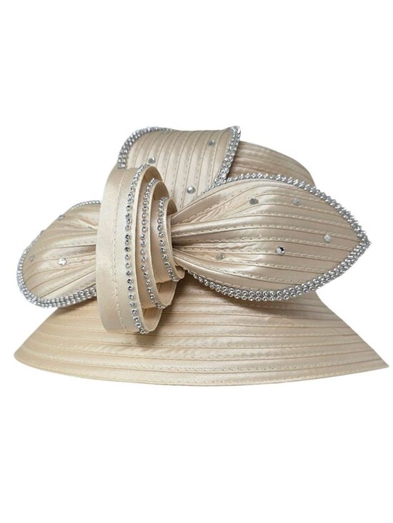 Tigerstars Champagne Rhinestone Floral Bow Accent Wide Brim Dressy Hat